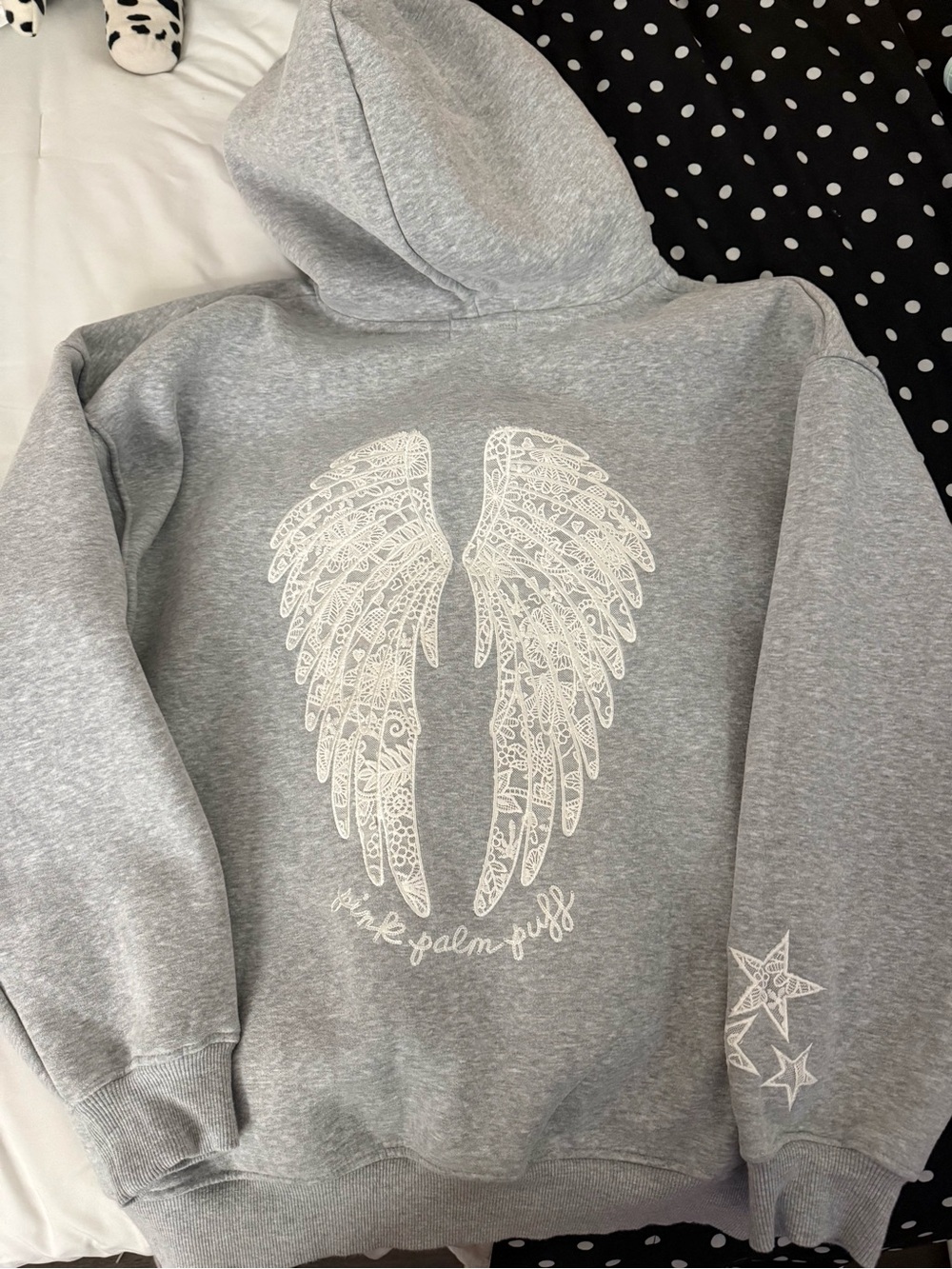 PINK PALM PUFF - Grey Graphic Hoodie with Angel Wings